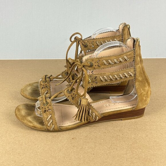 Coach Via Demi Wedge Sandals Tassel Lace Up Womens 8.5 Tan Leather - Picture 10 of 10